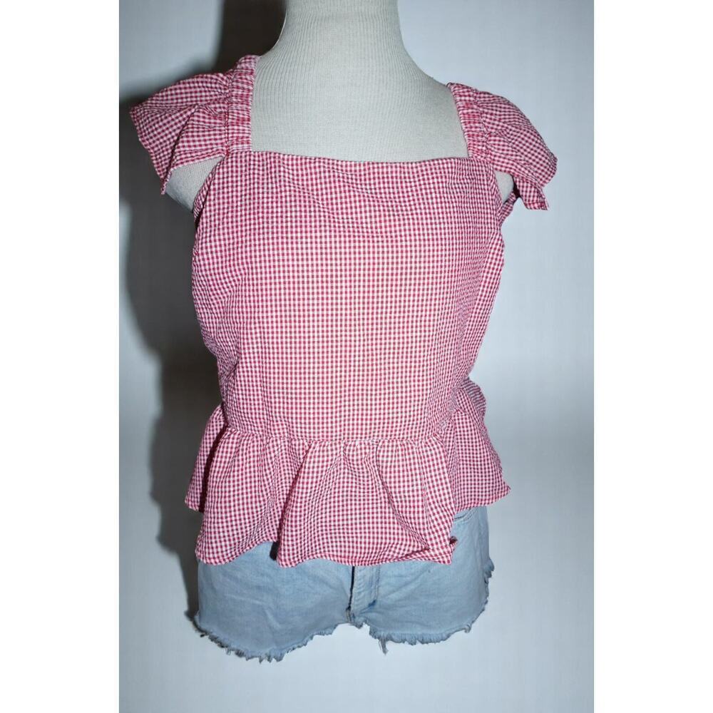 Cottagecore Gingham Peplum Blouse XL – Red White Ruffle Puff Sleeve Back Tie